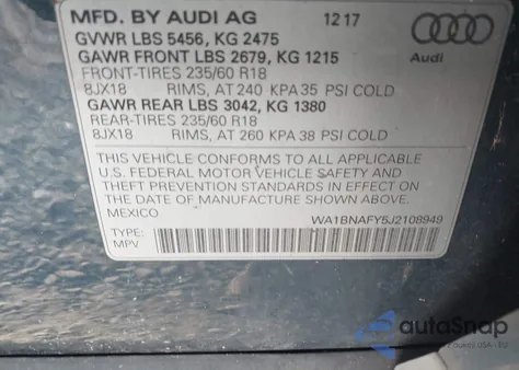 2018 Audi Q5 2.0T Premium/2.0T Tech Premium z USA, uszkodzony, nr VIN WA1BNAFY5J2108949